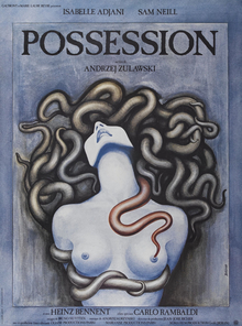 Move poster for Possession (1981) featuring a painting of a woman's nude bust, head tilted back, and framed by black tentacles, a red tentacle curves from her neck to her nipple.